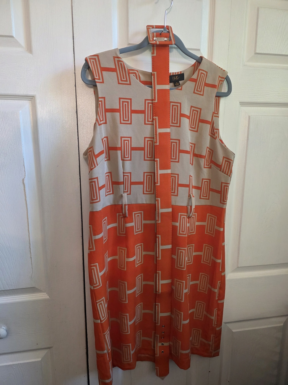 Orange and Tan Geometric Midi Dress with Belt